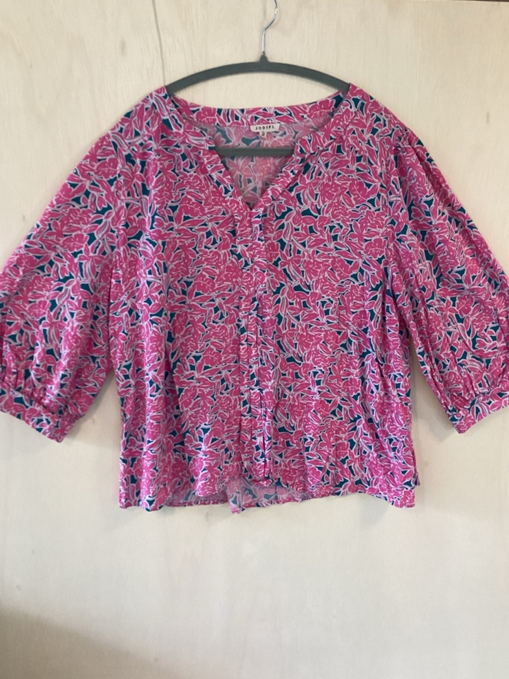 JODIFL Pink Floral V-Neck Puff Sleeve Peasant Blouse Womens L, Pink & Teal, Boho